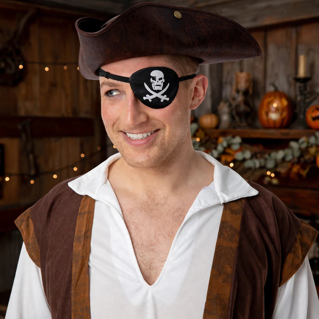 Person wearing Satin Pirate Eye Patch Black and White as part of a pirate costume