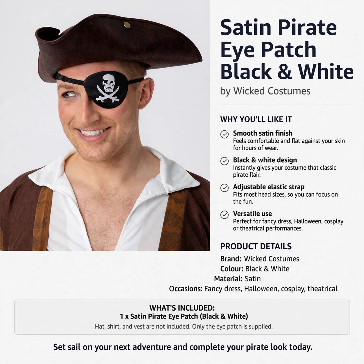 Satin Pirate Eye Patch with adjustable elastic strap fits most head sizes