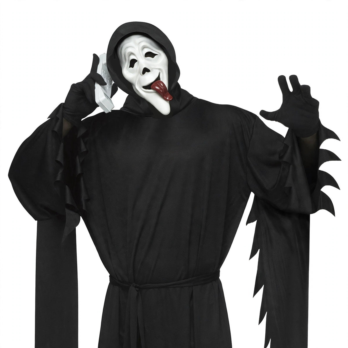 Close-up view of Scary Movie Waass-Up! costume hooded robe, gloves, and mask