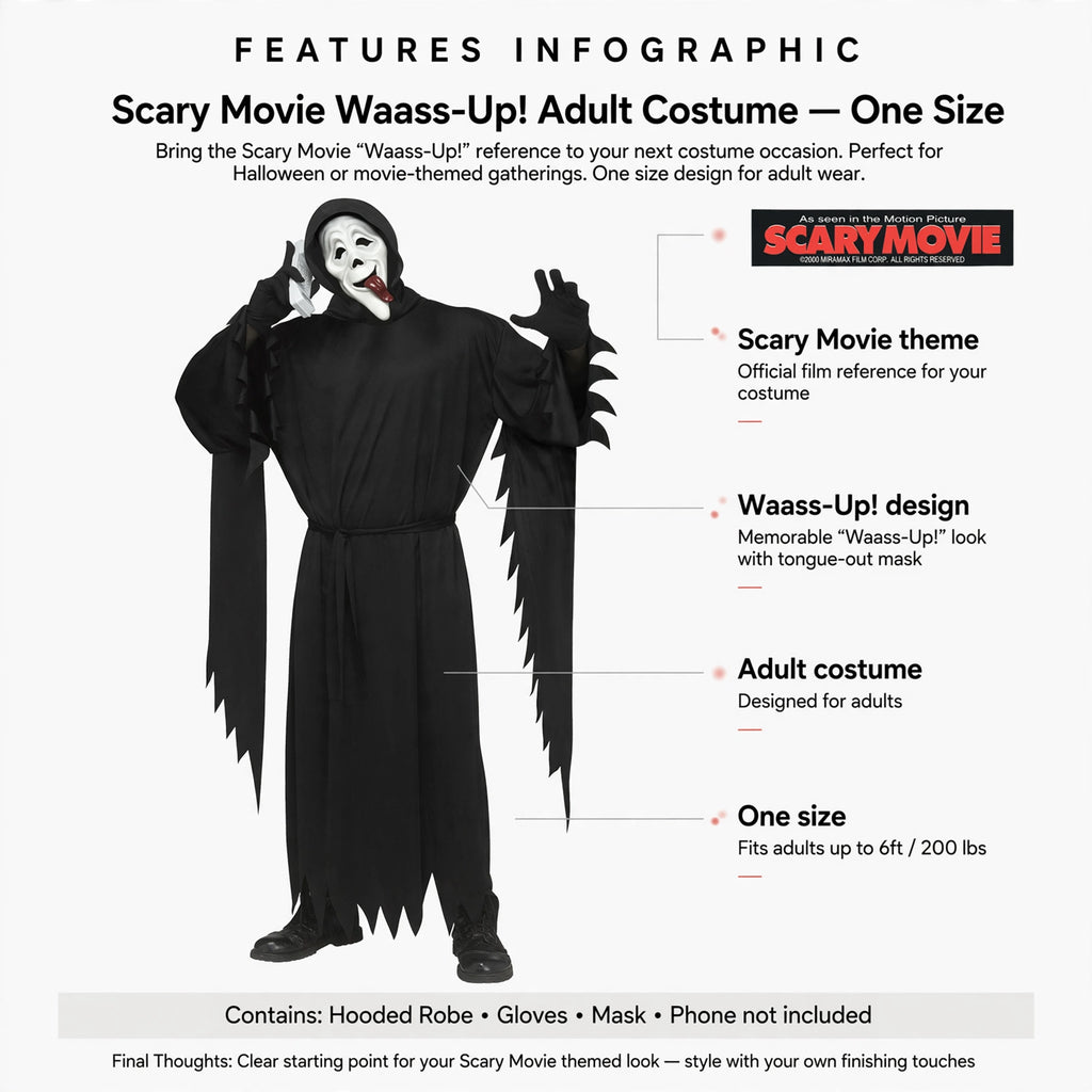 Costume features hooded robe, gloves, mask, one size fits up to 6ft 200lbs