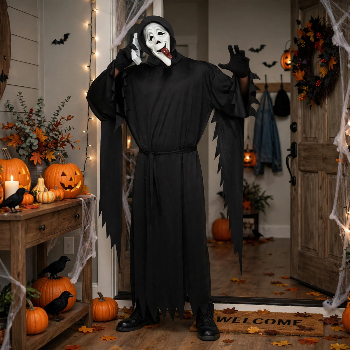 Person wearing Scary Movie Waass-Up! adult costume at a Halloween or movie-themed event