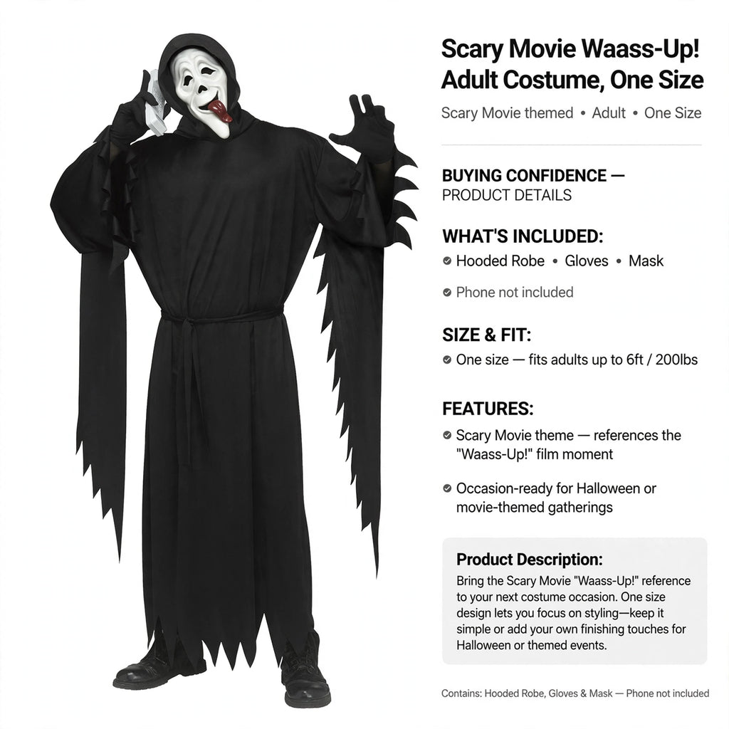 Adult costume includes hooded robe, gloves, and mask; one size fits up to 6ft 200lbs