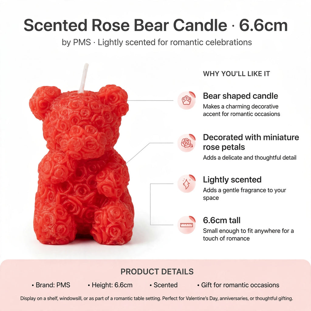 Infographic showing bear shape, miniature rose petal decoration, light scent, and 6.6cm height