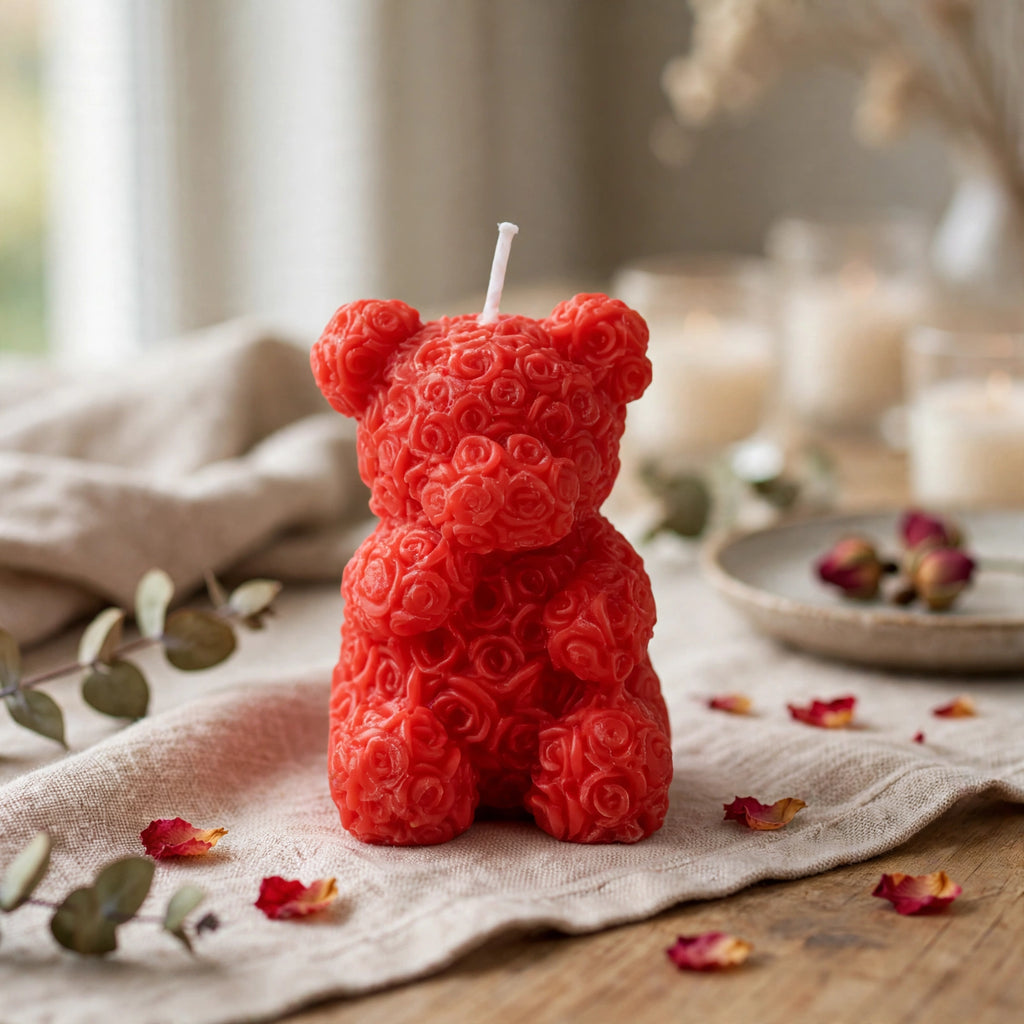 Scented rose bear candle displayed as part of a romantic table setting