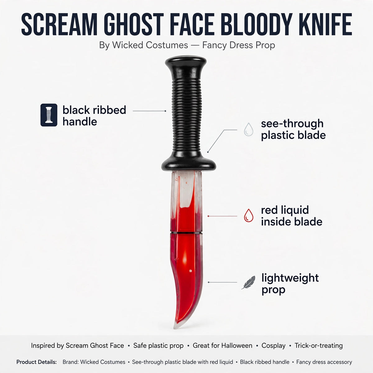 Infographic showing black ribbed handle, see-through plastic blade, and red liquid moving inside the blade