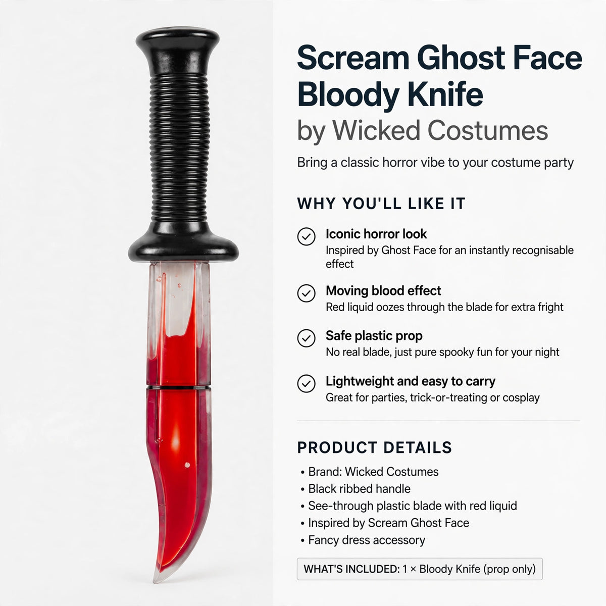 Safe plastic prop inspired by Ghost Face with no real blade for Halloween or costume parties