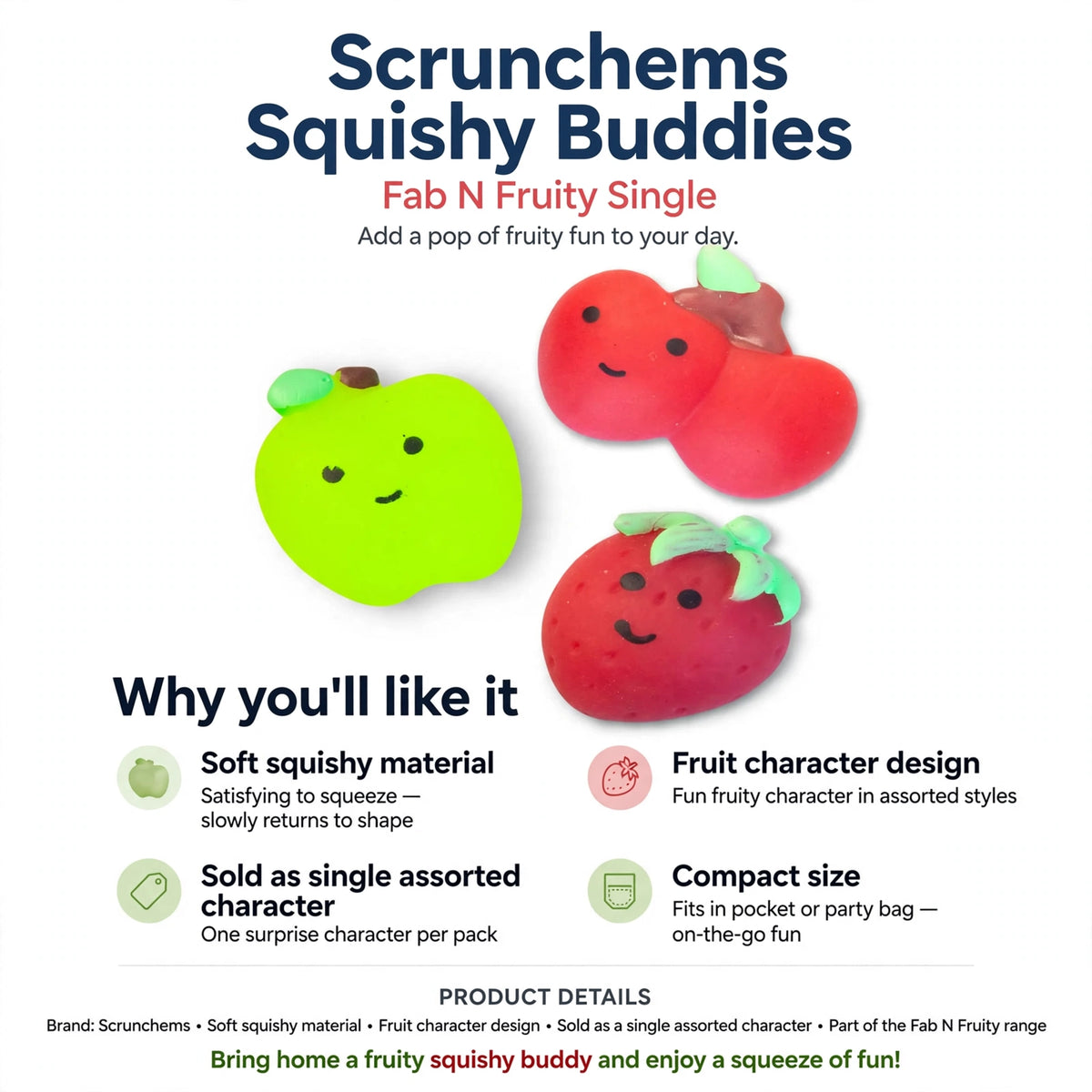 infographic showing soft squishy material, fruit character design, single assorted character, compact size