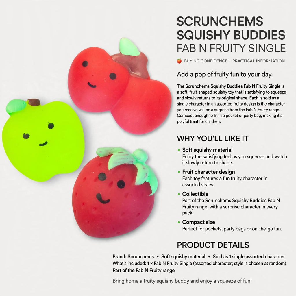 information about Scrunchems Squishy Buddies Fab N Fruity single being part of Fab N Fruity range with surprise character