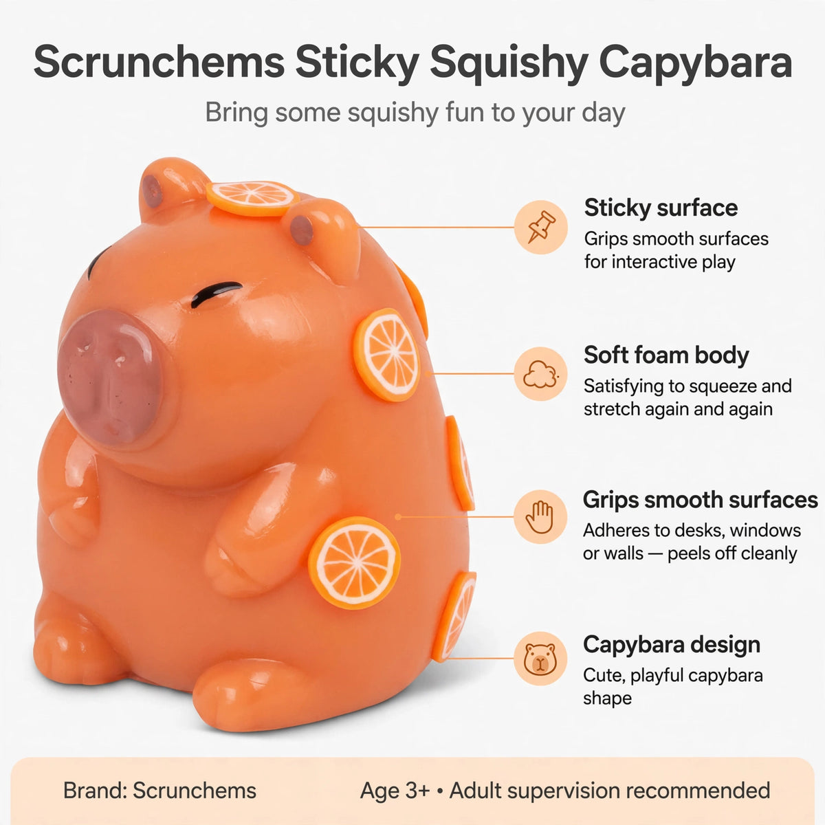 Infographic showing sticky surface, soft foam body, grips smooth surfaces, and capybara design features
