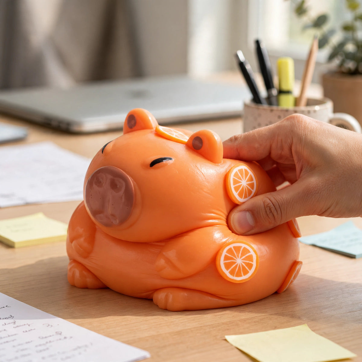 Scrunchems Sticky Squishy Capybara placed on a desk for interactive play and fidgeting