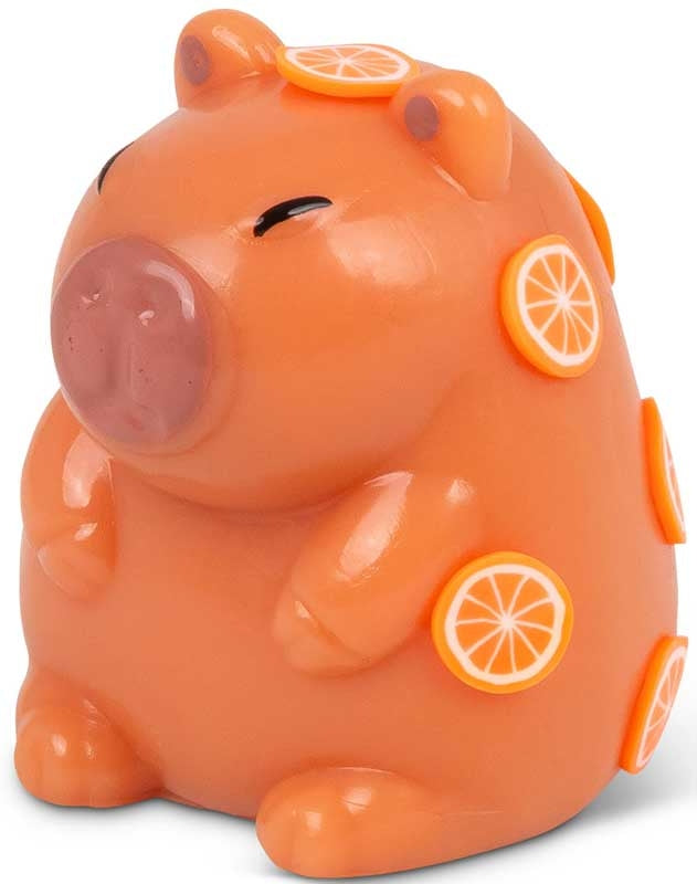 Scrunchems Sticky Squishy Capybara orange squishy toy with citrus slice decorations — front view