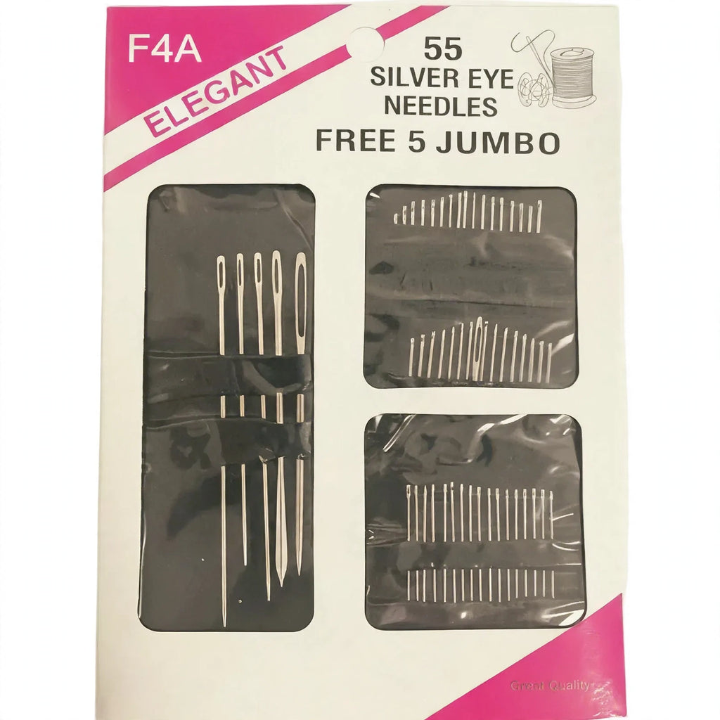 Close-up view of hand sewing needles with silver eyes from the set of 55