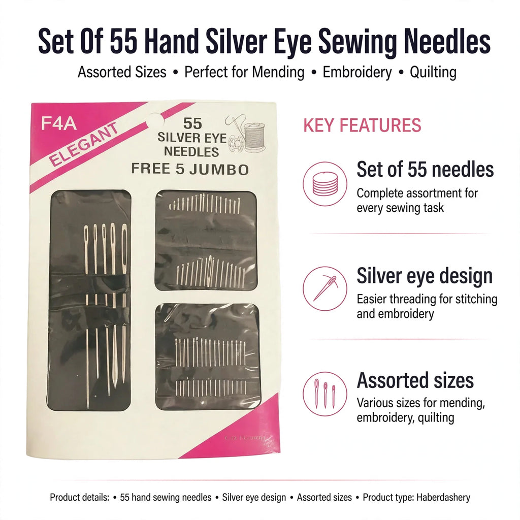 Infographic showing set of 55 hand sewing needles with silver eye design and assorted sizes