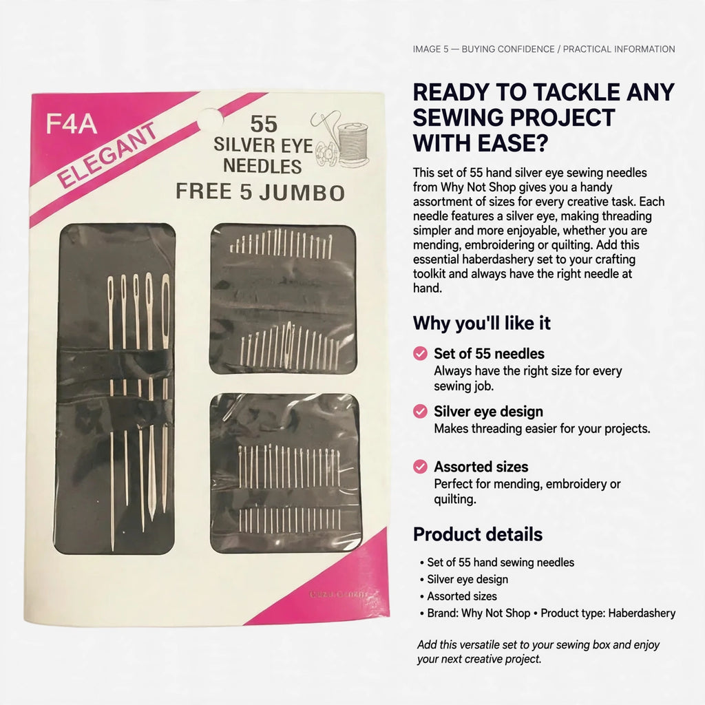 Set of 55 hand sewing needles with silver eyes and assorted sizes for various sewing tasks