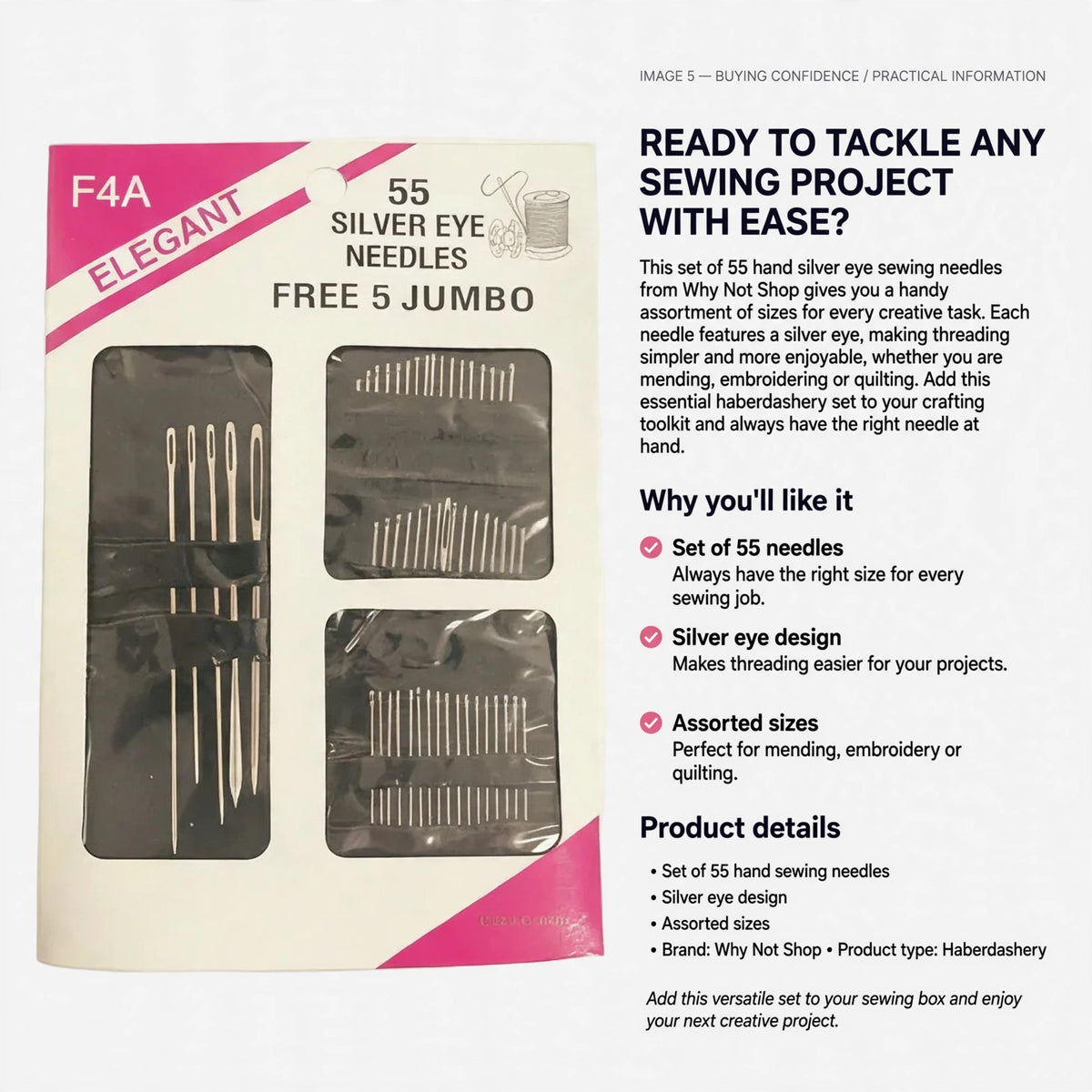 Set of 55 hand sewing needles with silver eyes and assorted sizes for various sewing tasks