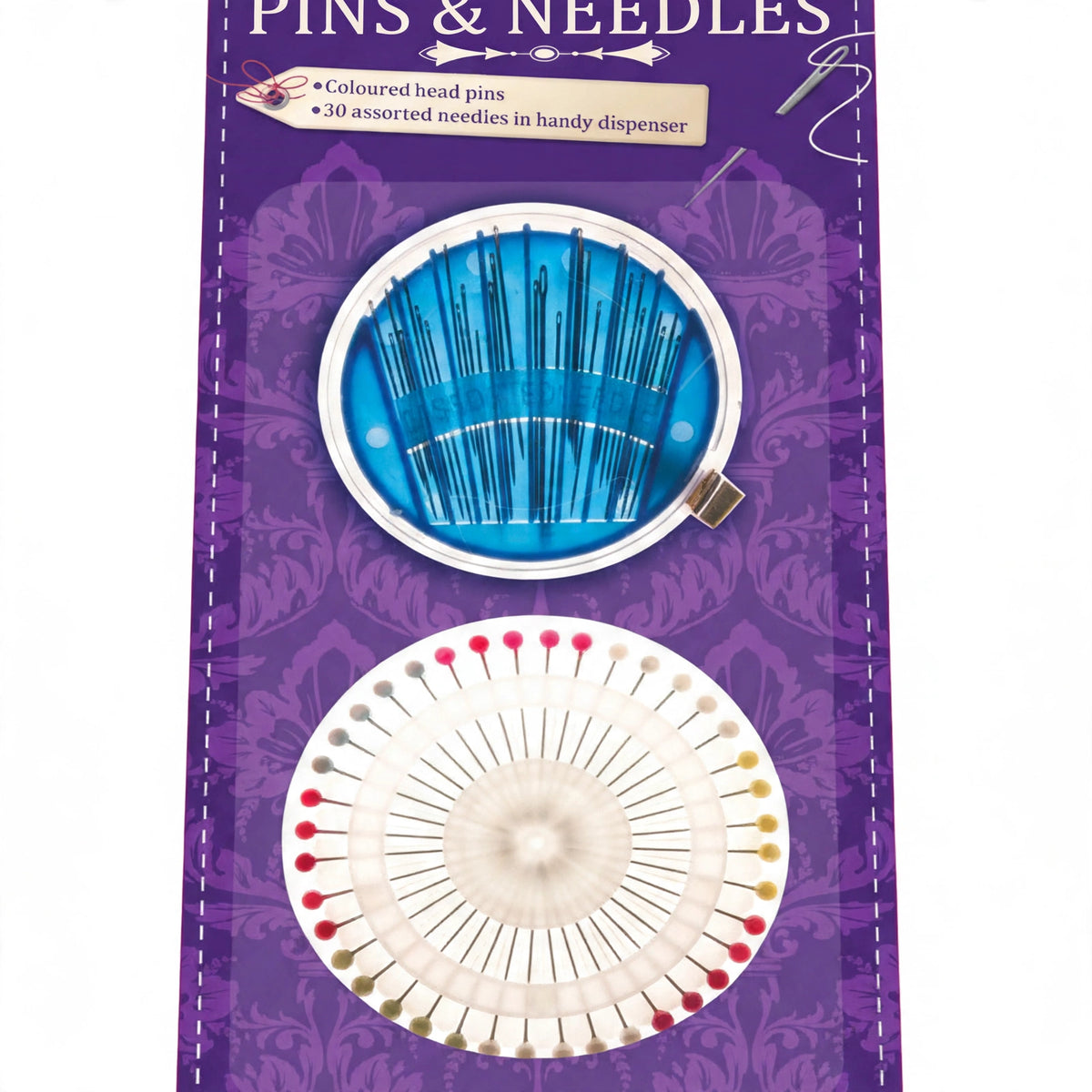 Close-up view of assorted coloured pins and needles from Sewing Box set
