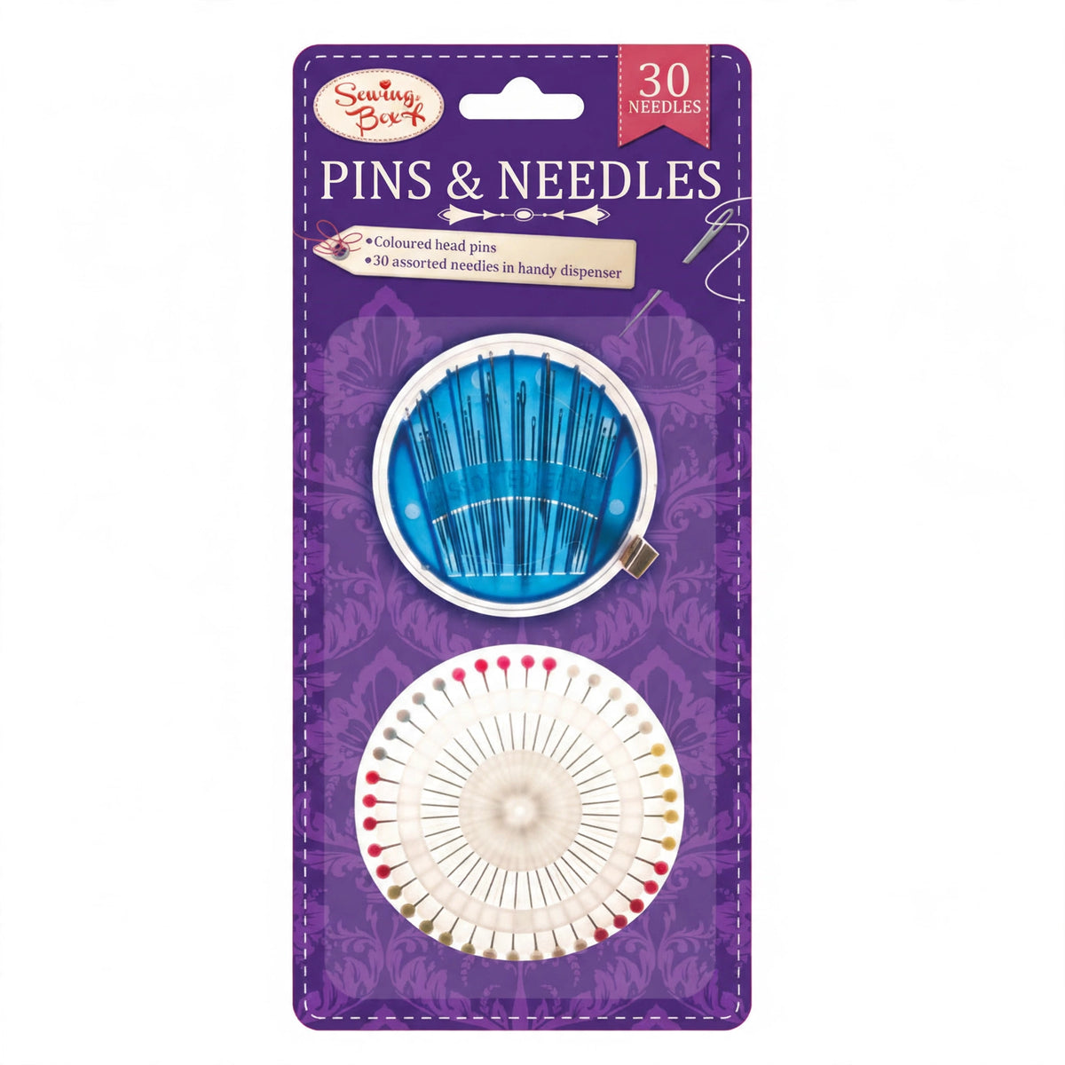 Sewing Box set of 30 assorted coloured pins and needles