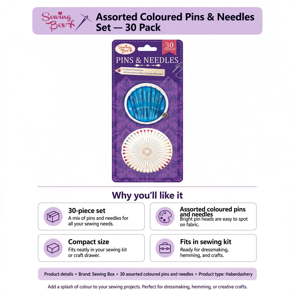 Infographic showing 30-piece set with assorted coloured pins and needles and compact size