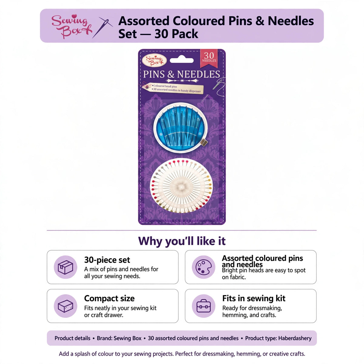 Infographic showing 30-piece set with assorted coloured pins and needles and compact size