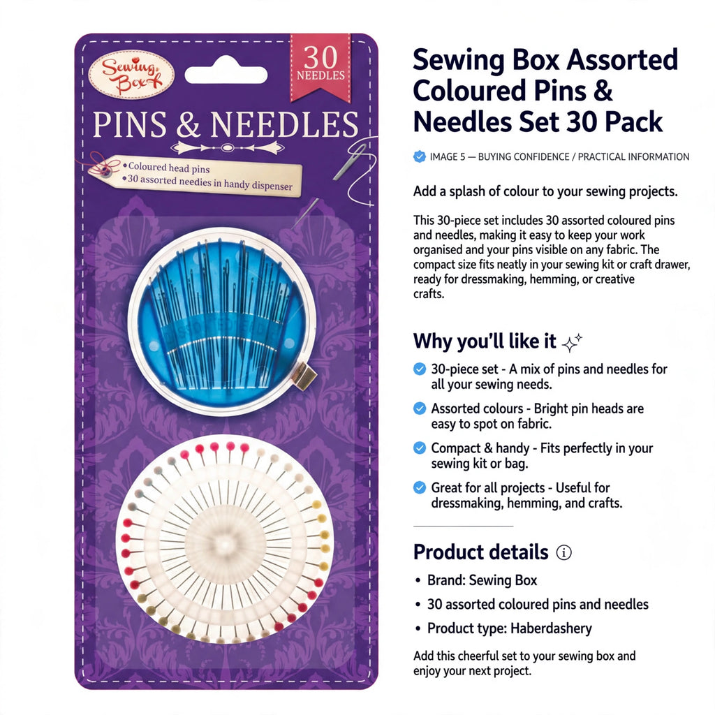 Sewing Box 30-piece set with bright pin heads for visibility and compact size for storage