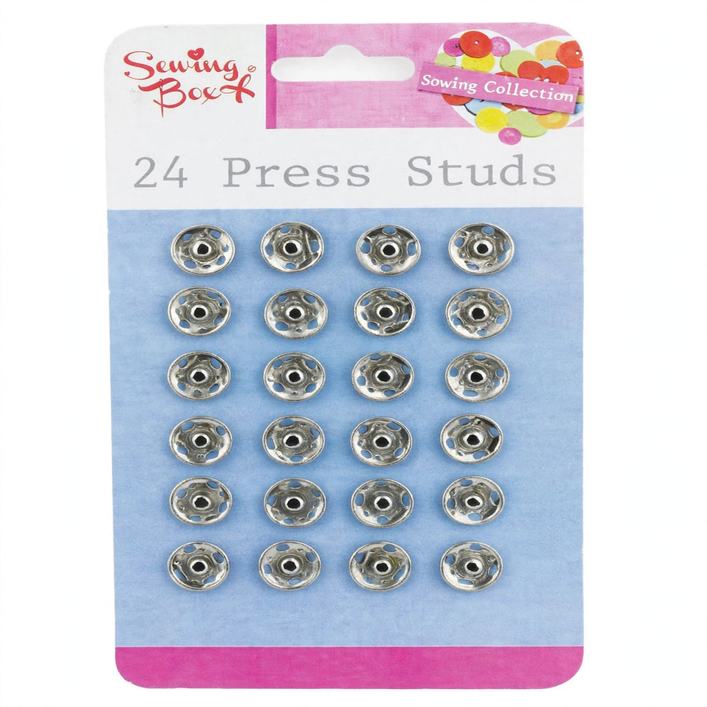 Close-up view of assorted size silver press studs from Sewing Box pack