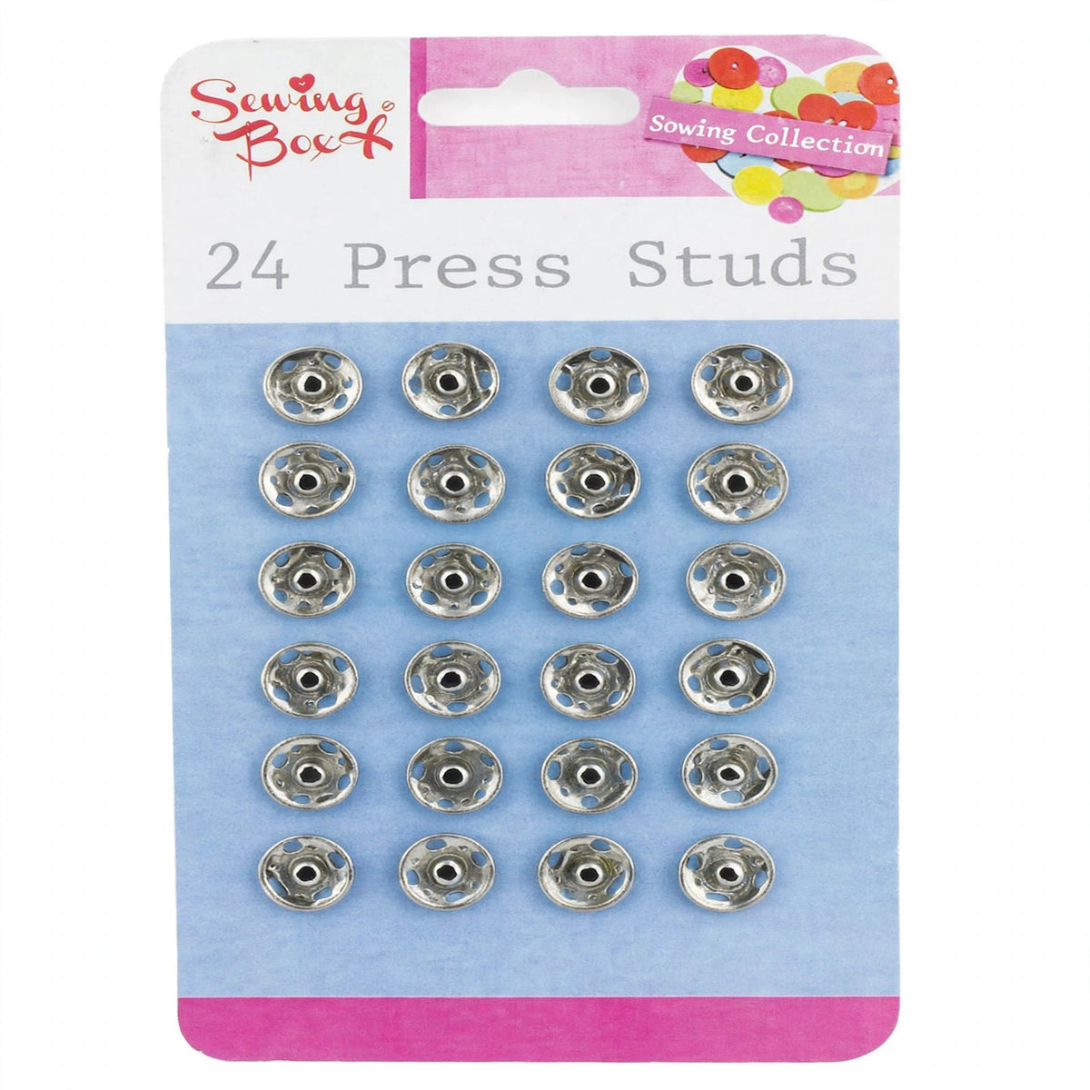Close-up view of assorted size silver press studs from Sewing Box pack