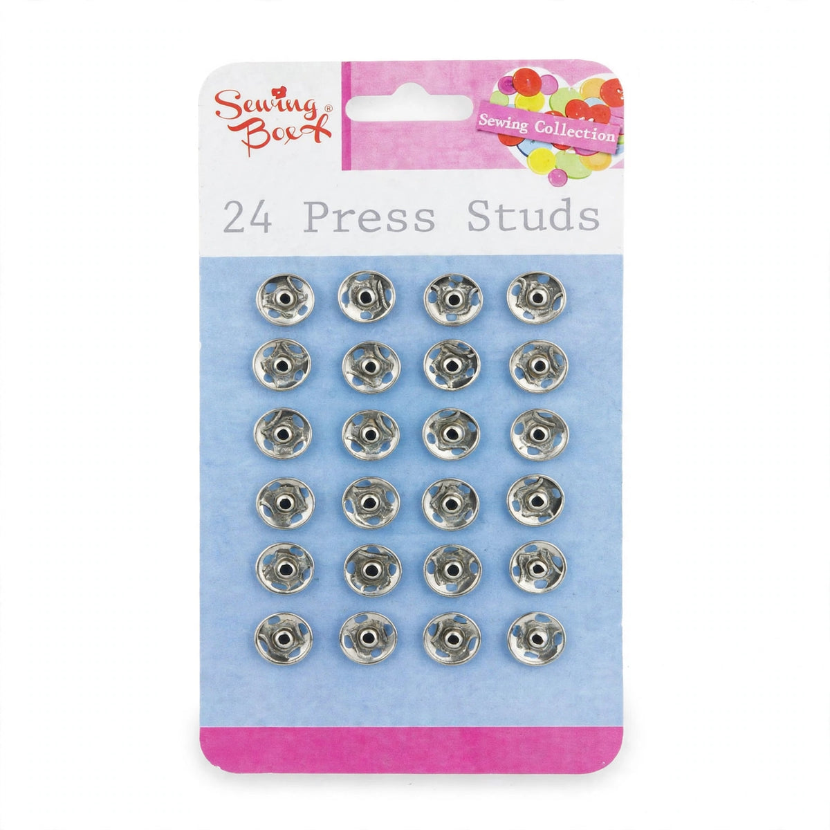Sewing Box pack of 24 silver press studs in assorted sizes