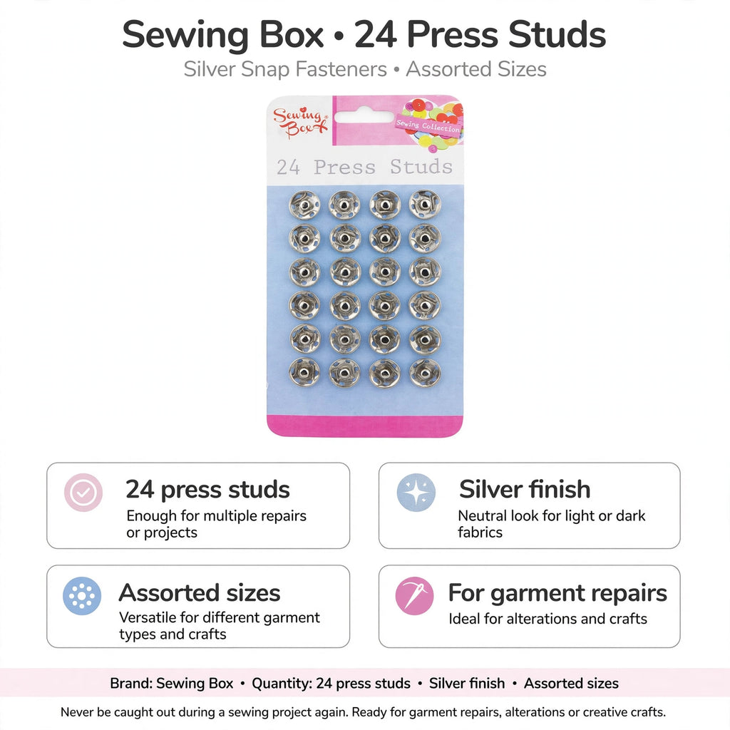 Infographic showing 24 silver press studs with assorted sizes for garment repairs and crafts