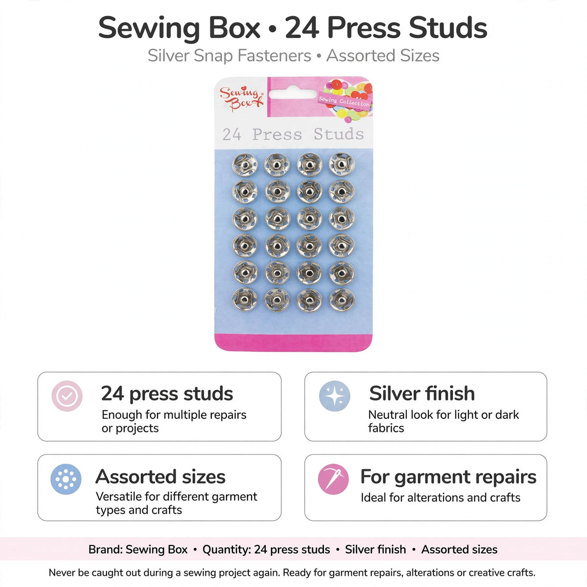 Infographic showing 24 silver press studs with assorted sizes for garment repairs and crafts