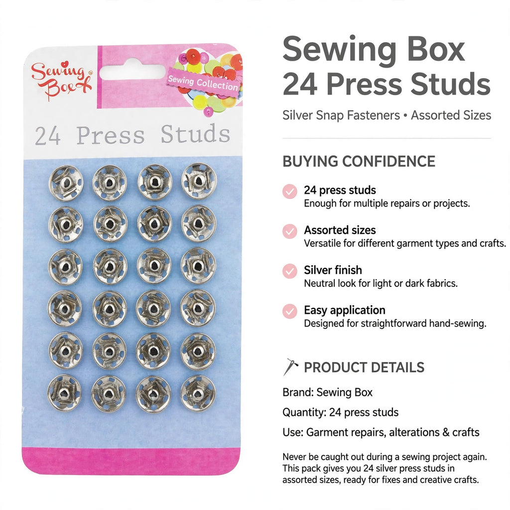 Pack contains 24 silver press studs with assorted sizes for sewing repairs and crafts