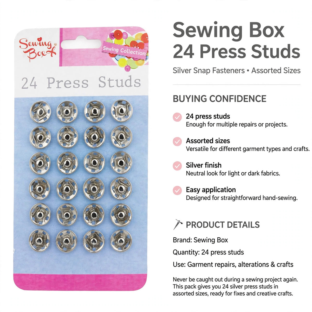 Pack contains 24 silver press studs with assorted sizes for sewing repairs and crafts