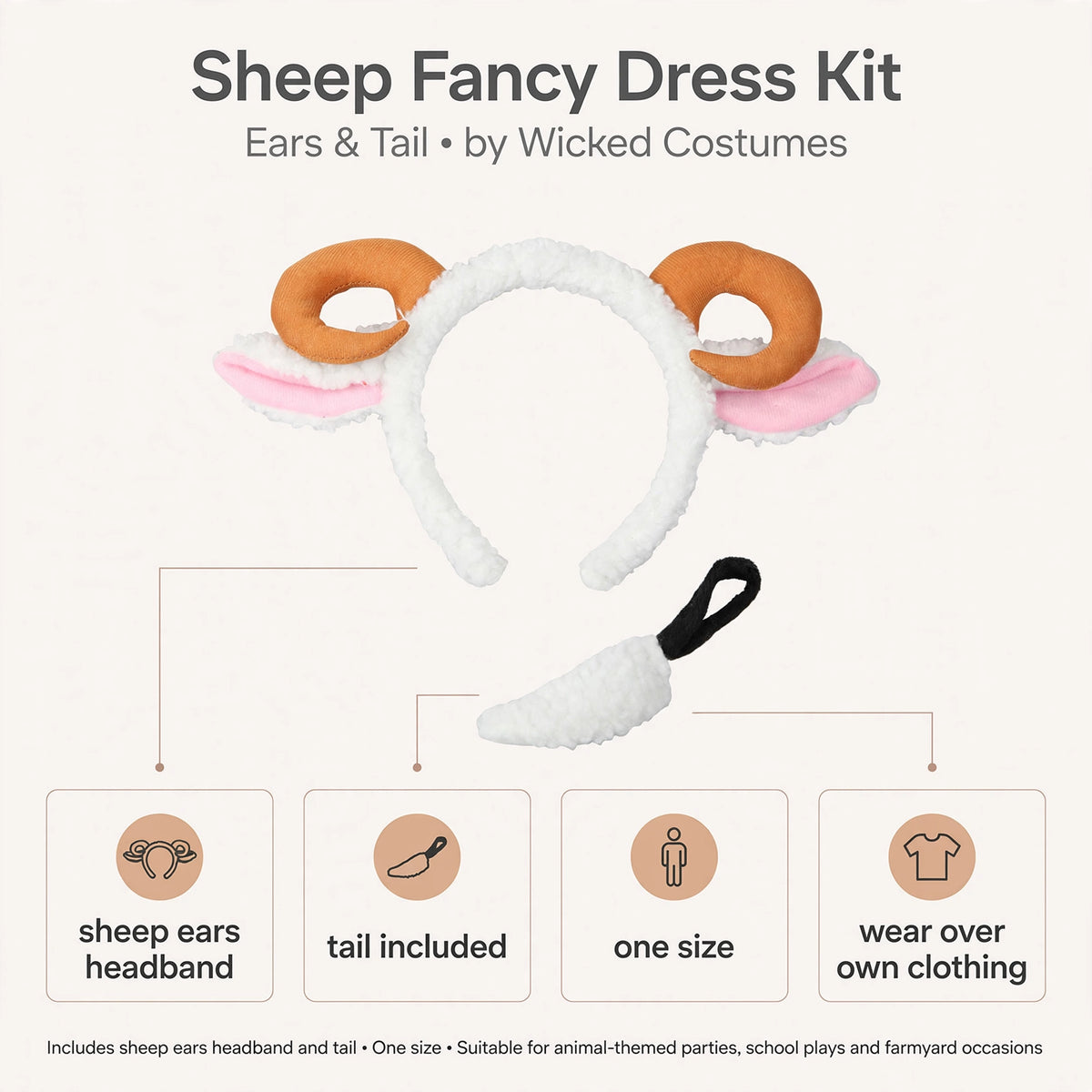Features sheep ears headband and tail included in one size kit