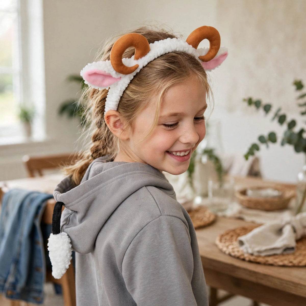 Person wearing Sheep Fancy Dress Kit ears headband and tail for animal-themed event