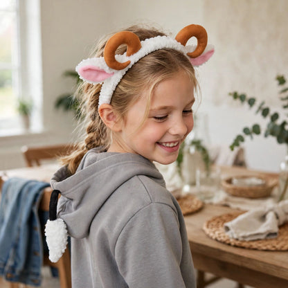 Person wearing Sheep Fancy Dress Kit ears headband and tail for animal-themed event