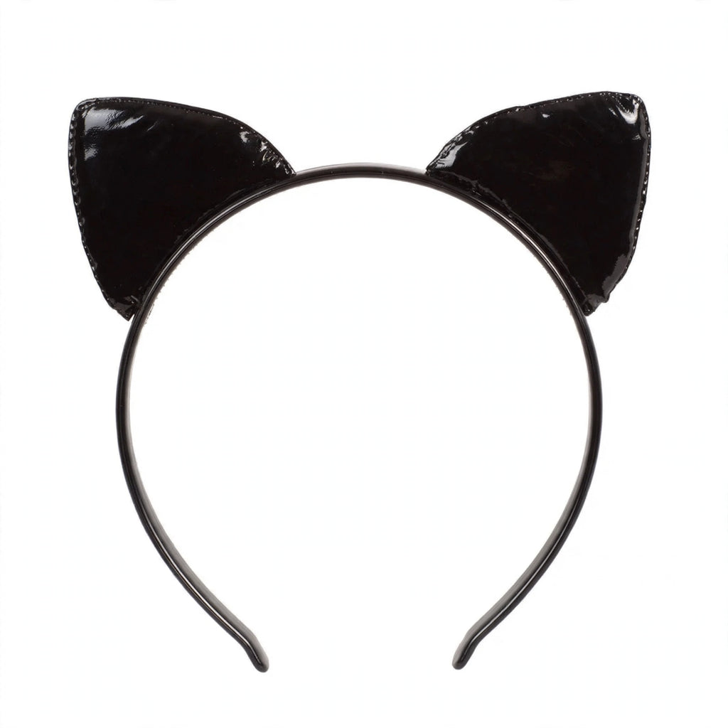 Close-up view of Shiny Black Cat Ears Headband highlighting glossy black cat-ear shape