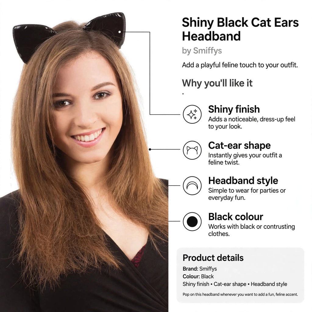 Infographic showing shiny finish, cat-ear shape, headband style, and black colour features
