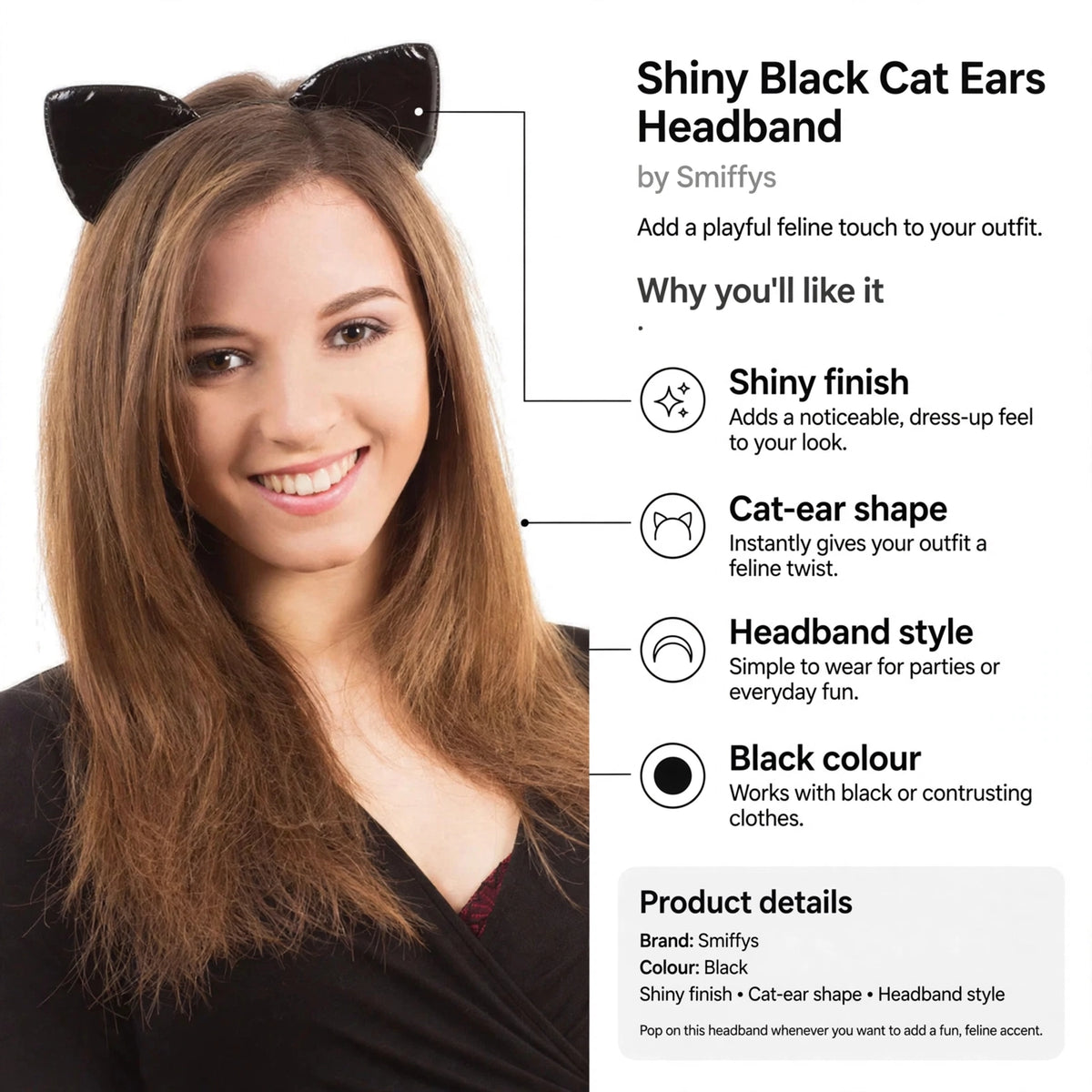 Infographic showing shiny finish, cat-ear shape, headband style, and black colour features