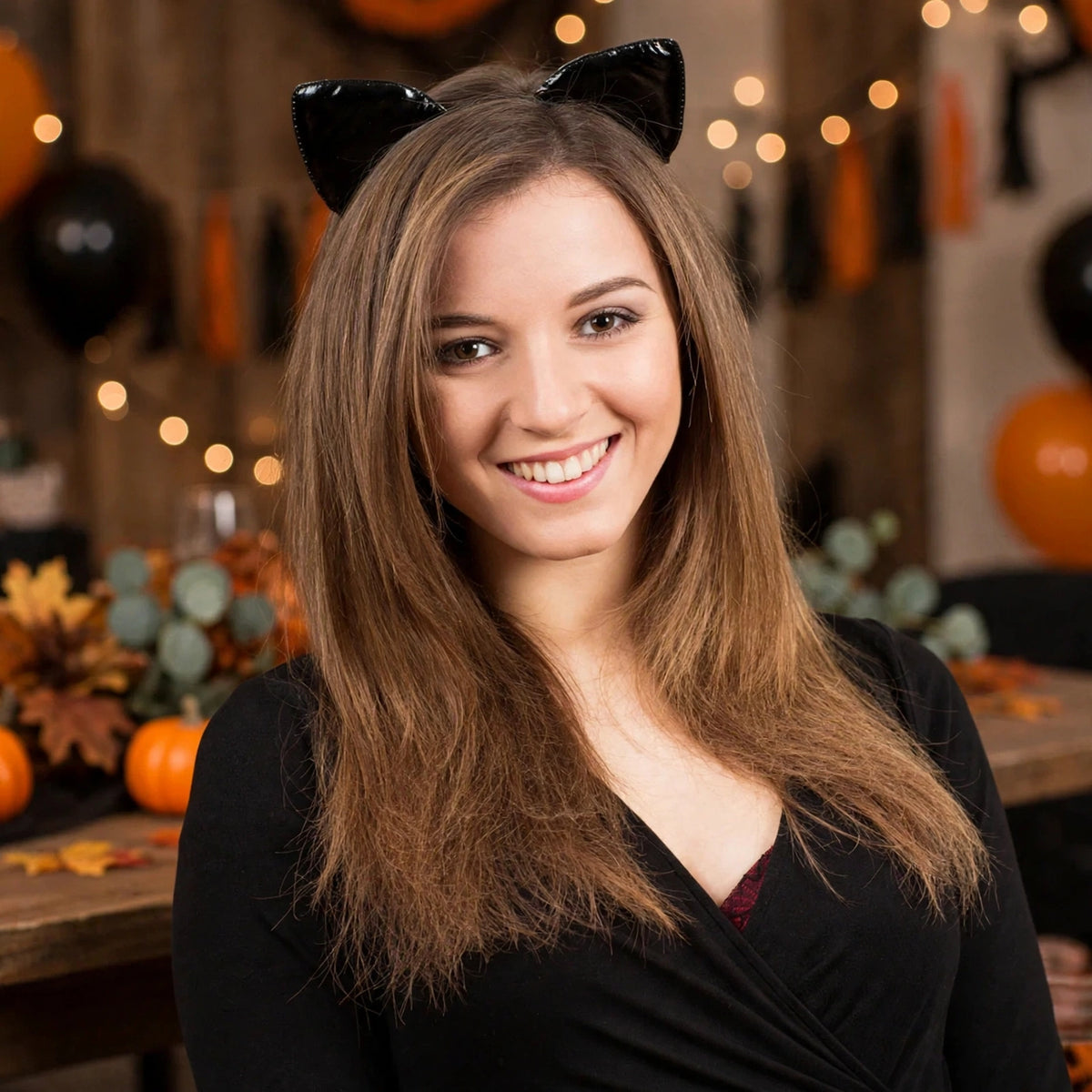 Person wearing Shiny Black Cat Ears Headband adding a feline accent to their outfit