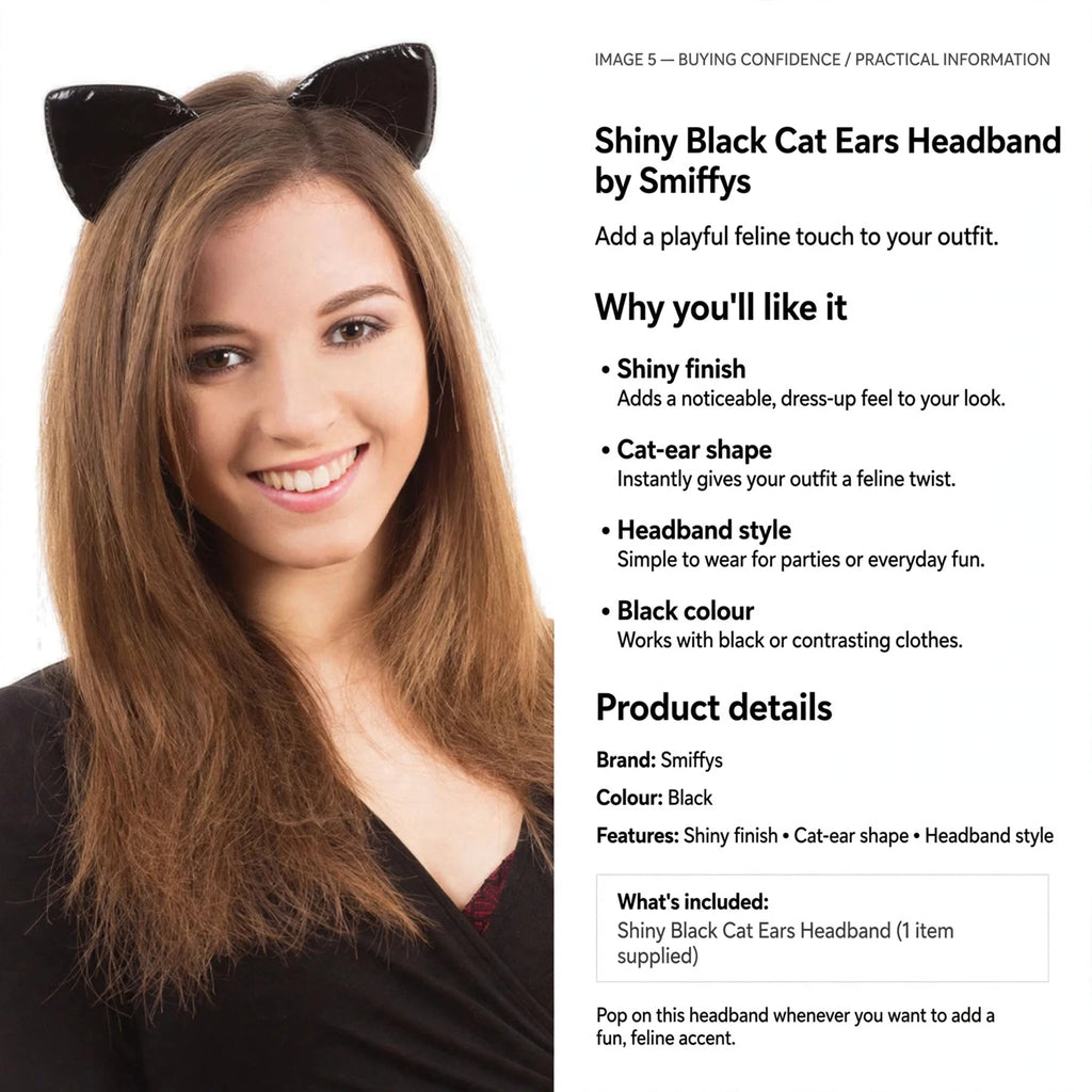 Shiny Black Cat Ears Headband by Smiffys designed for costume parties and themed gatherings