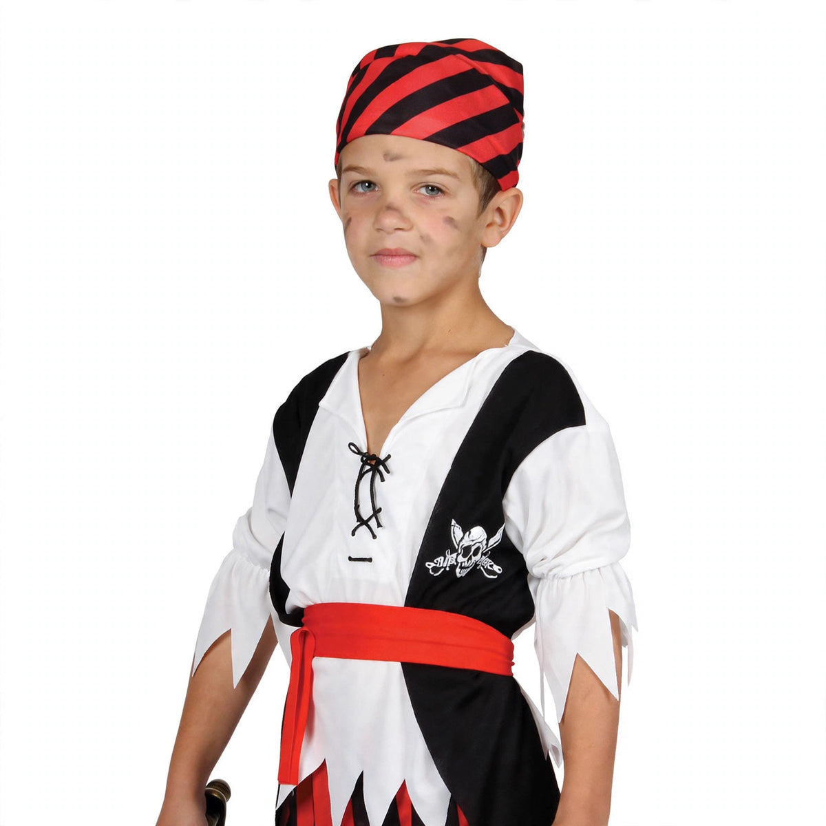 Detail view of Shipwreck Pirate Boy Fancy Dress Costume components including belt and bandana