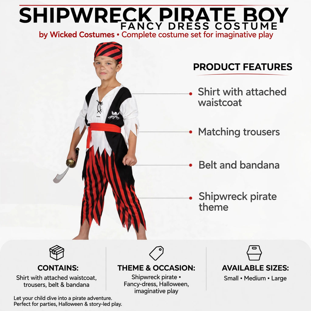 Costume features shirt with attached waistcoat, trousers, belt, and bandana in shipwreck pirate theme