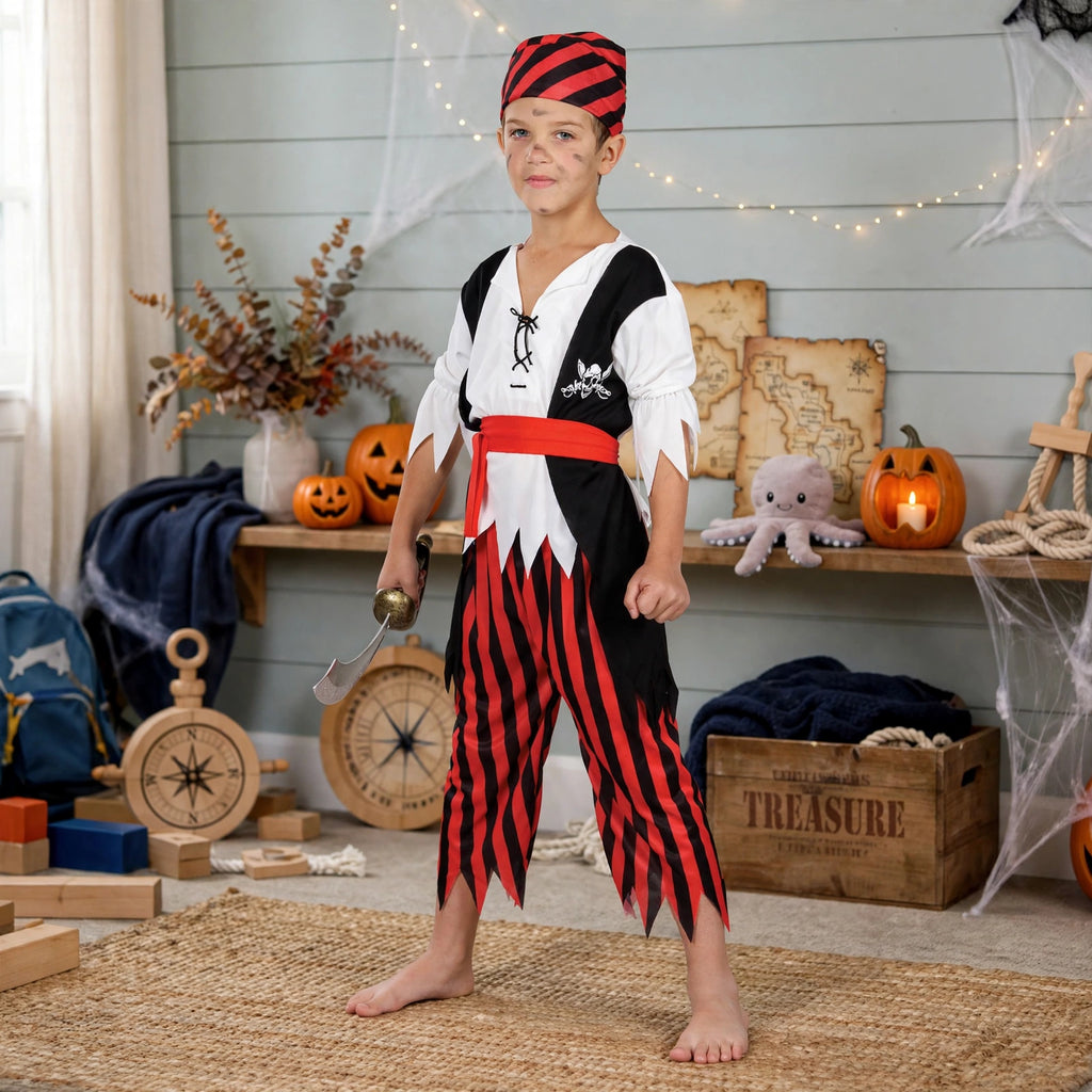 Child wearing Shipwreck Pirate Boy Fancy Dress Costume for fancy-dress or imaginative play