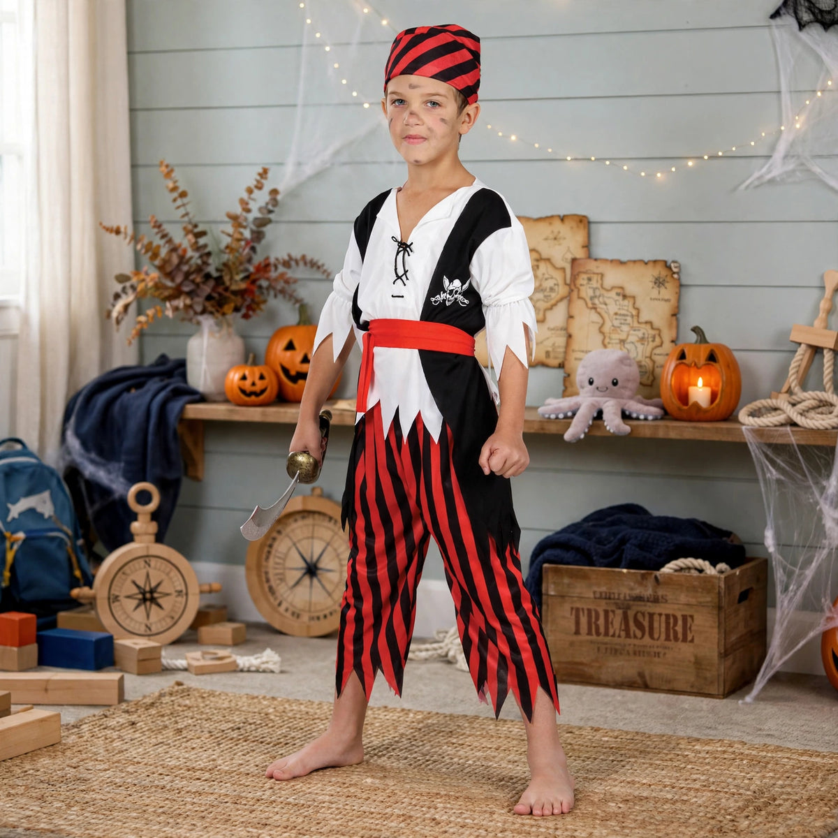 Child wearing Shipwreck Pirate Boy Fancy Dress Costume for fancy-dress or imaginative play