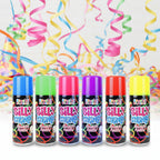 Set of six cans of 'Silly String' in different colors on a white background