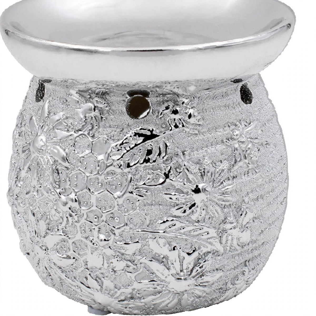 Close-up of Silver Art Bees Wax Melt Oil Burner showing bee motif design