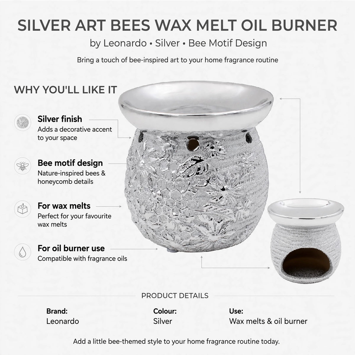 Silver Art Bees Wax Melt Oil Burner features silver finish, bee motif, wax melt and oil burner use