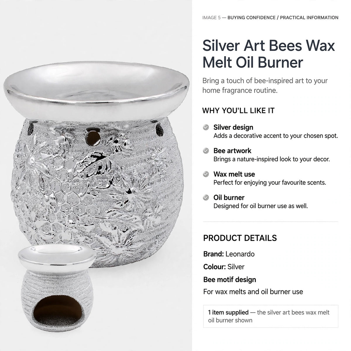 Silver Art Bees Wax Melt Oil Burner suitable for wax melts and oil burner use