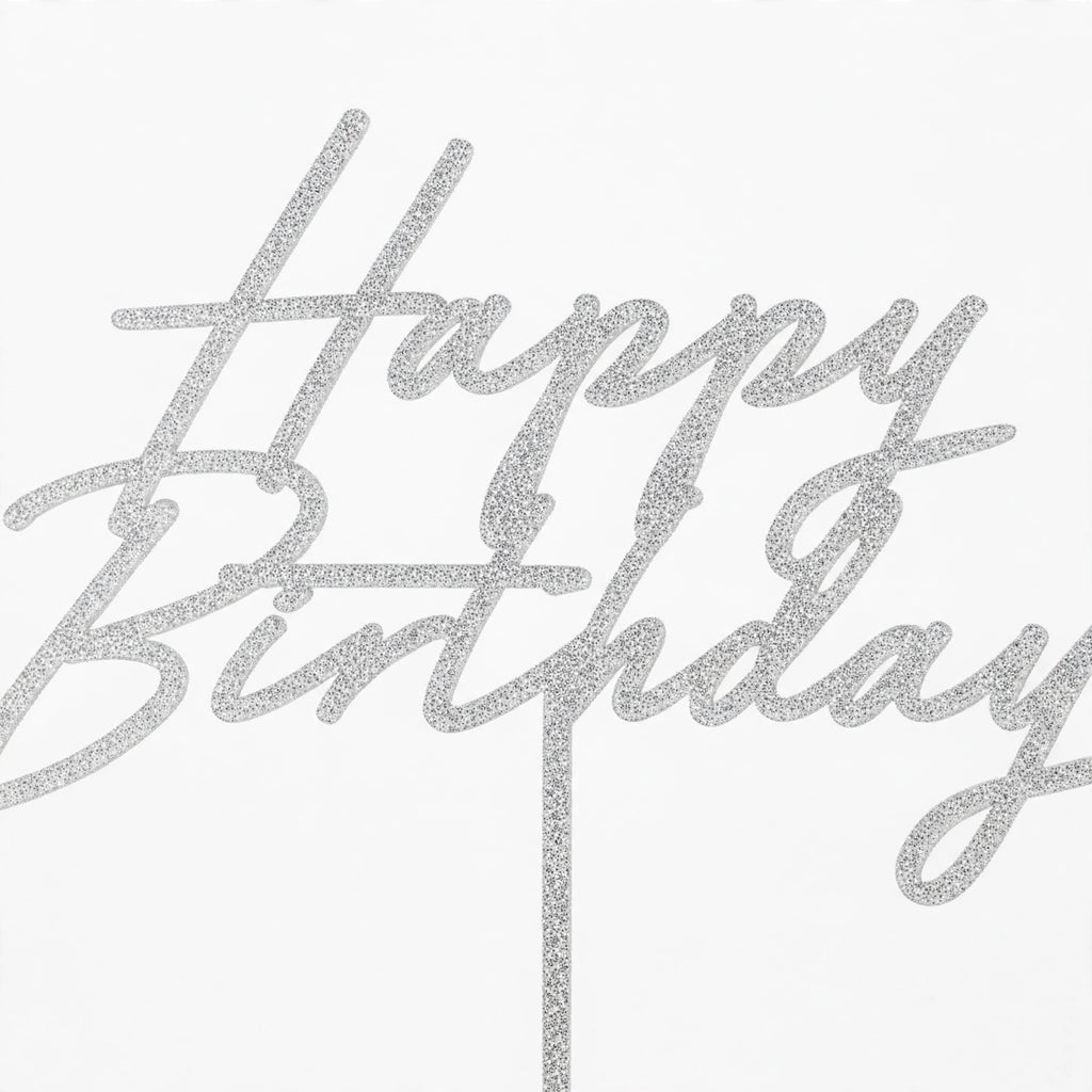 Close-up of Silver Glitter Happy Birthday Cake Topper showing glittery wording