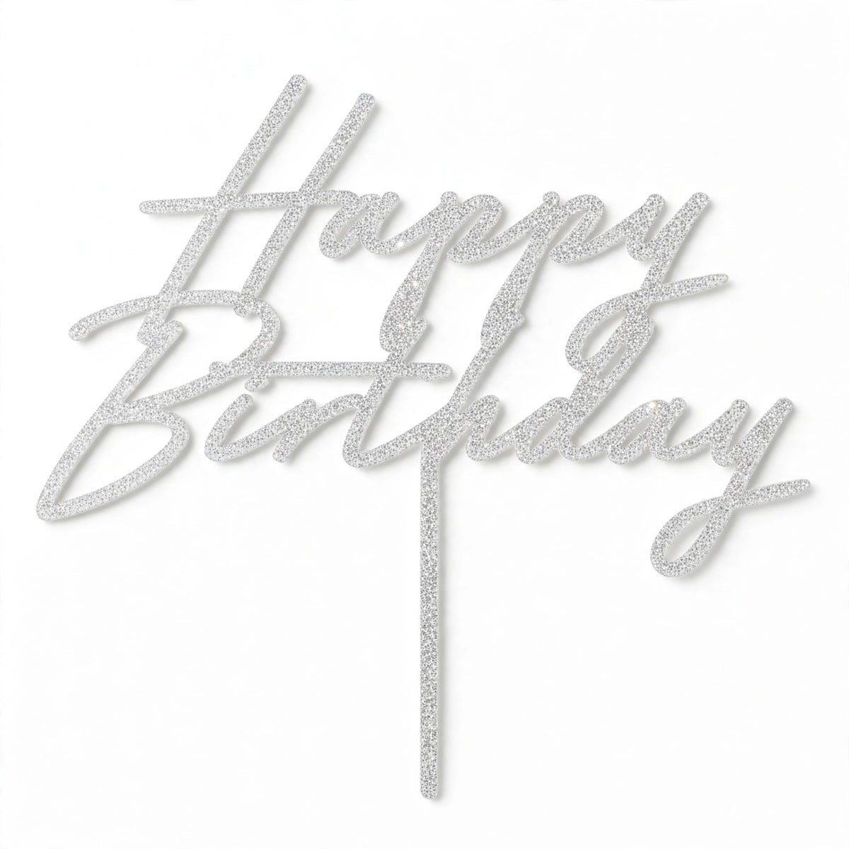 Silver Glitter Happy Birthday Cake Topper with glittery Happy Birthday wording
