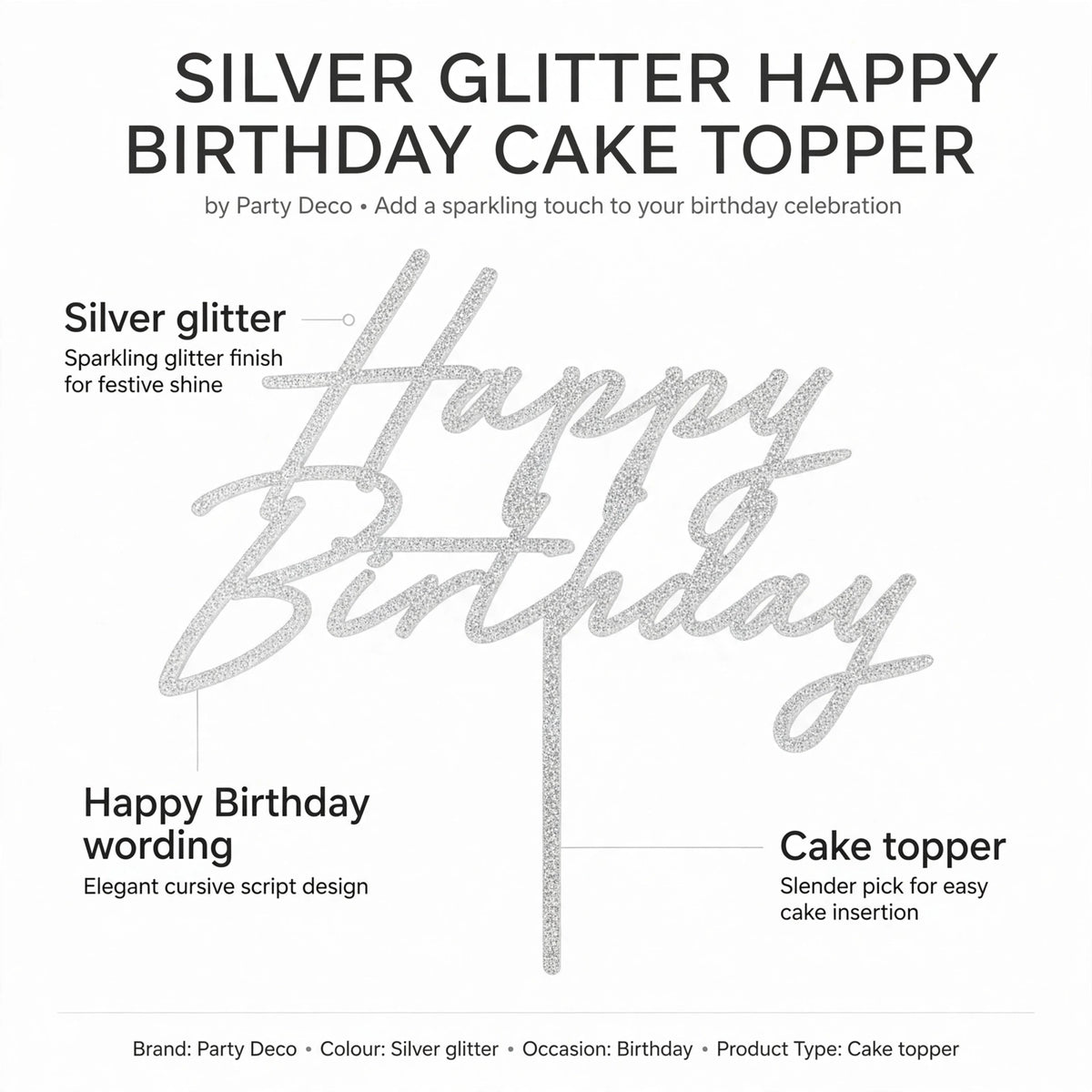 Silver Glitter Happy Birthday Cake Topper featuring glittery Happy Birthday wording